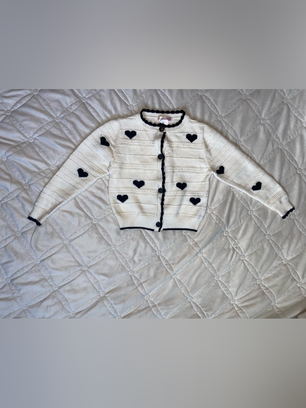 Kid girls Love Squared Cream Cardigan with Black Heart Trim